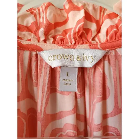 Crown Ivy Women Ruffle Pink Print Sleeveless shirt top L Coastal Casual Preppy - Picture 4 of 9